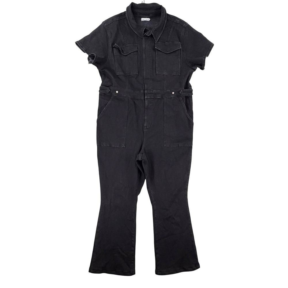 Good American Jumpsuit Womens 8 Black Denim Short Sleeve Utility Zip Front